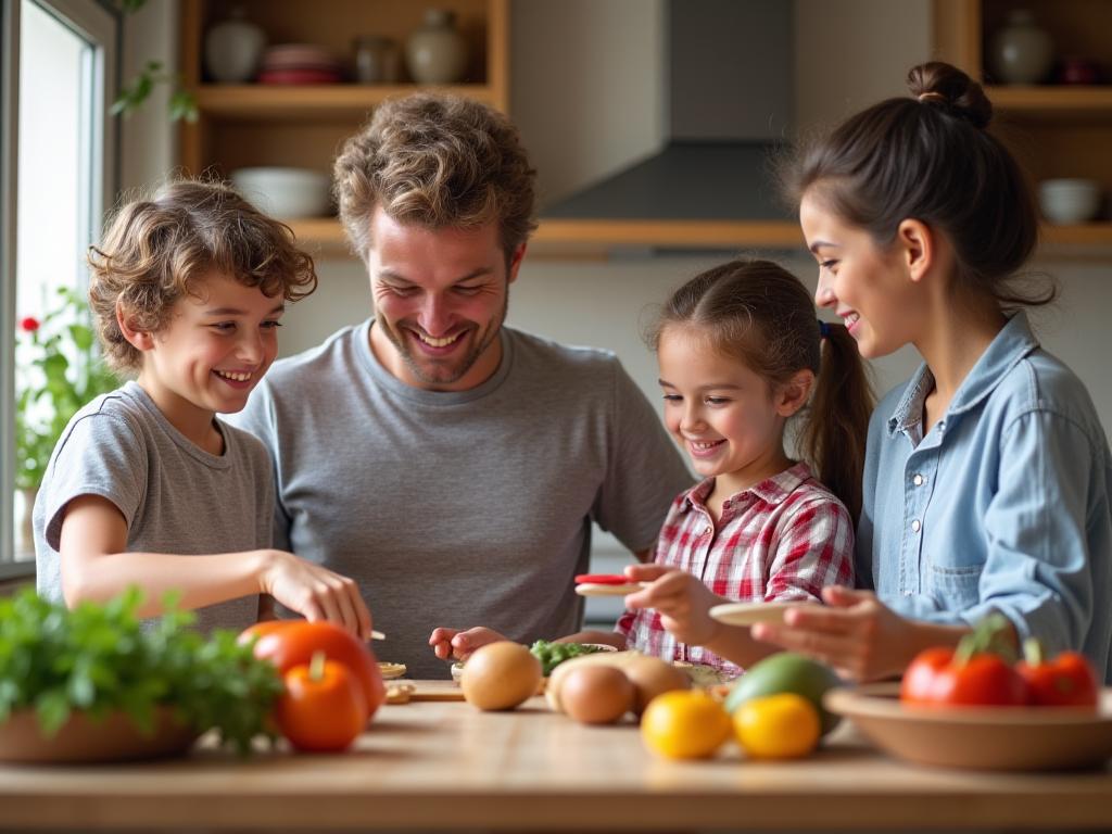 Familie som lager mat sammen med barn som lærer